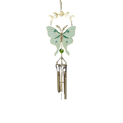 A hanging wind chime featuring a mint green and gold butterfly design with copper-toned wind chimes below, set against a plain white background.