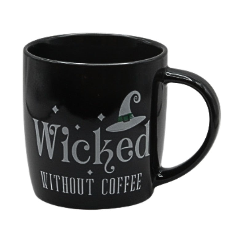 Black mug with 'Wicked Without Coffee' text and witch hat design on a white background