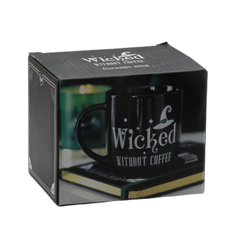 Black mug with 'Wicked Without Coffee' text in a decorative box packaging.
