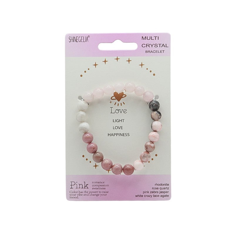 Multicolored crystal bracelet on packaging with pink and white beads.