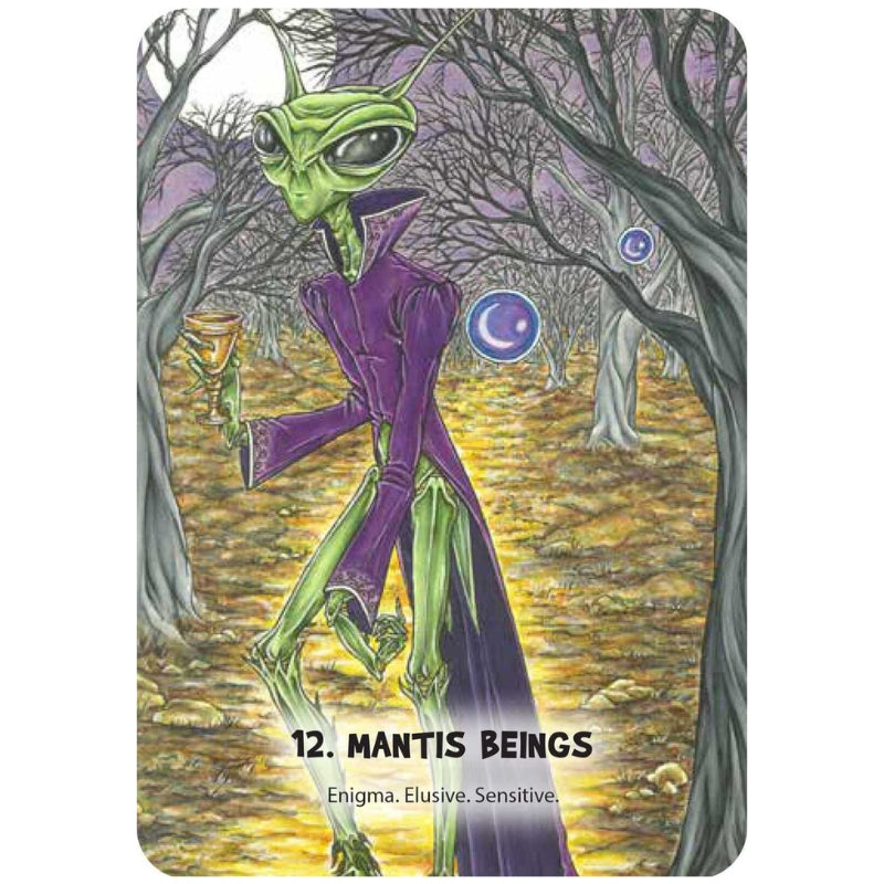 Oracle card titled "12. Mantis Beings" from Mystic Martian Oracle Cards