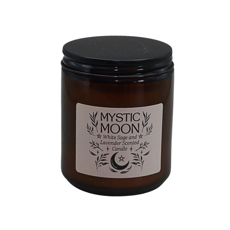 Mystic Moon candle in amber jar with black lid on a white background