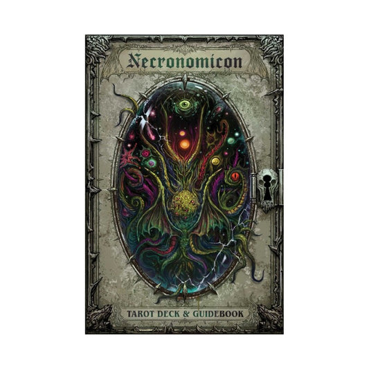 Cover of 'Necronomicon' tarot deck & guidebook with intricate design and text.