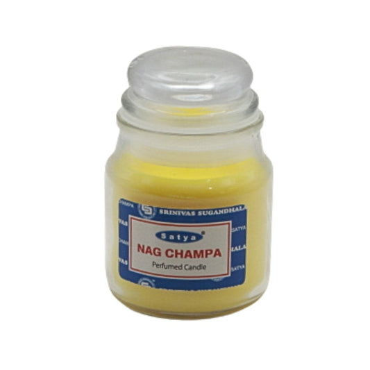 Jar of Nag Champa candle with a blue label on a white background