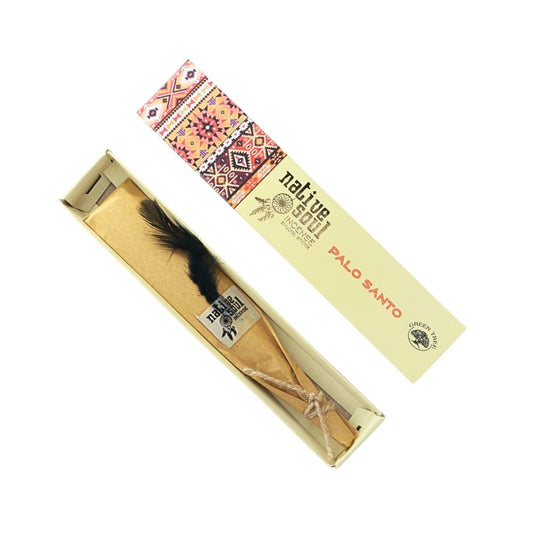 Palo Santo incense with feather in a Native Soul packaging on a white background