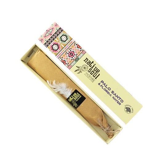Palo Santo & Florida Water incense with feather in a Native Soul packaging on a white background