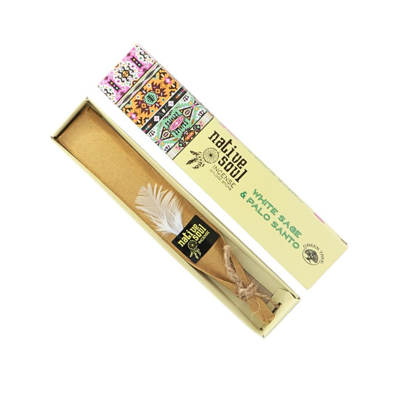 Box of Native Soul White Sage & Palo Santo incense sticks on a white background