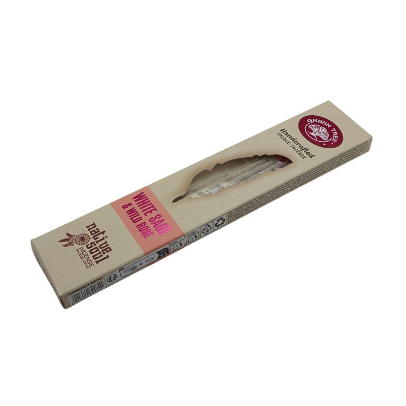 Box of White Sage & wild rose  Incense Sticks with brand logo on a white background