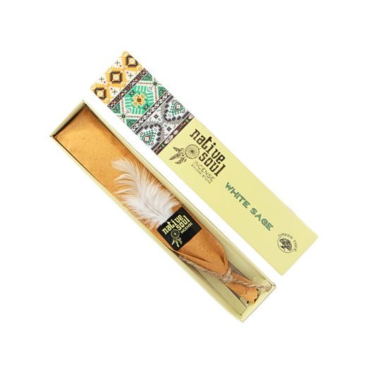 White sage incense with feather in a 'Native Soul' packaging on a white background