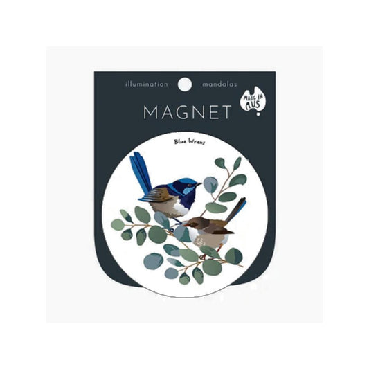 Packaged magnet with birds and foliage design on a white background