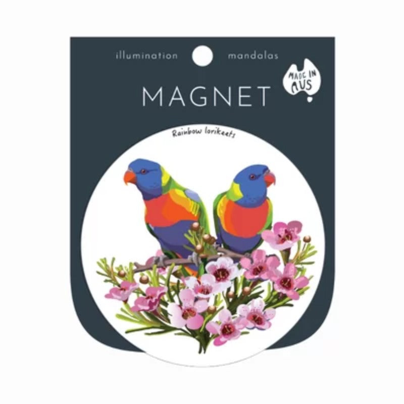 fridge magnet with picture of 2 colourful rainbow lorikeet birds