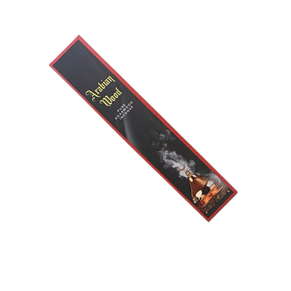 black and red incense box with an image of a brass incense burner and the words "Arabian Wood", on a white background.