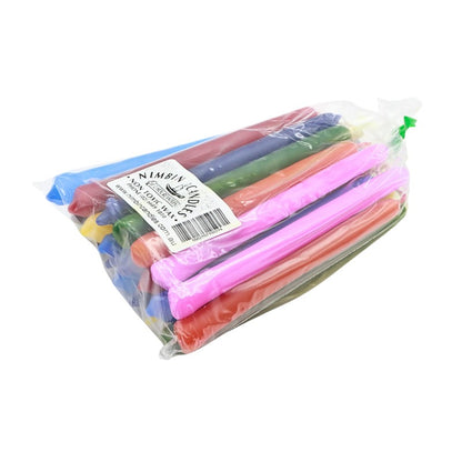 Packaged colourful candles with a visible brand label on a white background