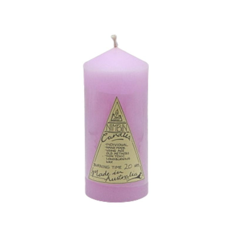 Pink candle with a label on a white background