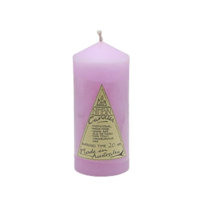 Pink candle with a label on a white background