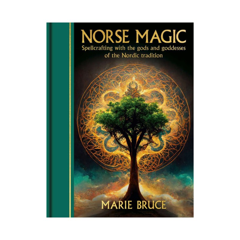 Book cover of 'Norse Magic' by Marie Bruce with a tree design on a black background