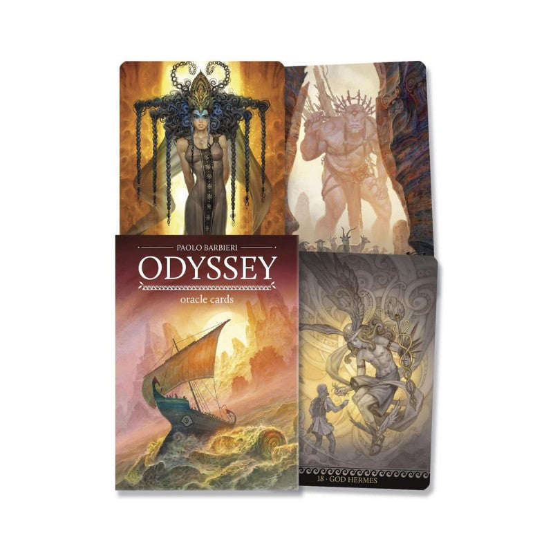Odyssey oracle cards with artistic illustrations on a white background