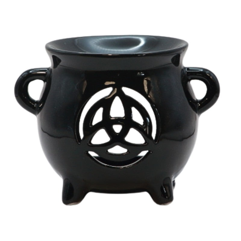 black ceramic cauldron oil burner with a triquetra shape cut out on the front