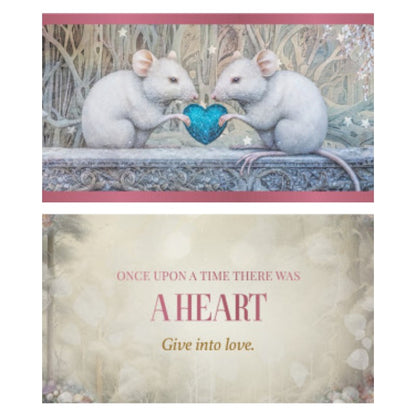 card from the once upon a time pocket oracle featuring two white mice holding a blue love heart between them