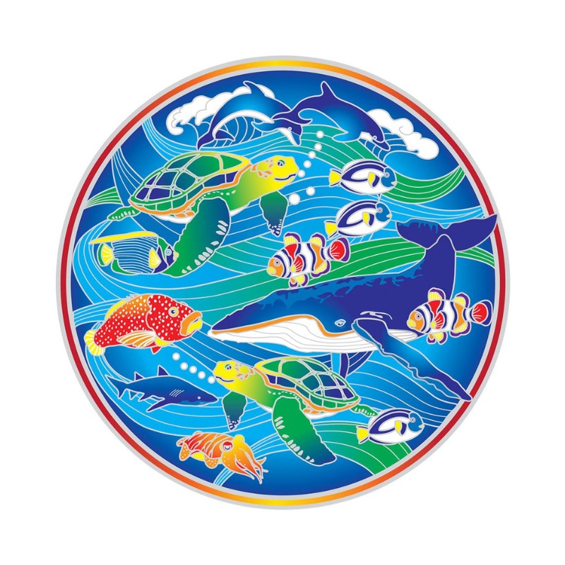 Colorful circular design with sea creatures on a white background