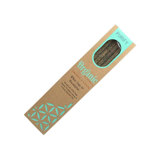 Organic Goodness Purify White Sage & Eucalyptus smudge incense in a brown box with blue detailing and a window showing the sticks.