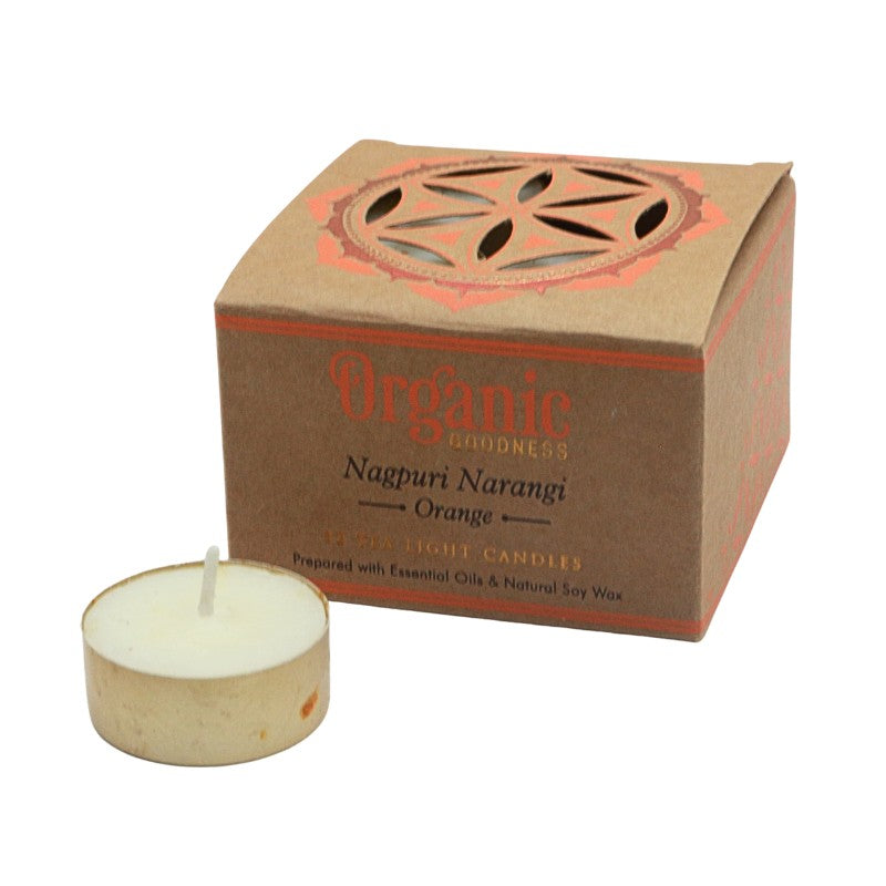 Tea light candle with 'Organic Goodness' packaging on a white background