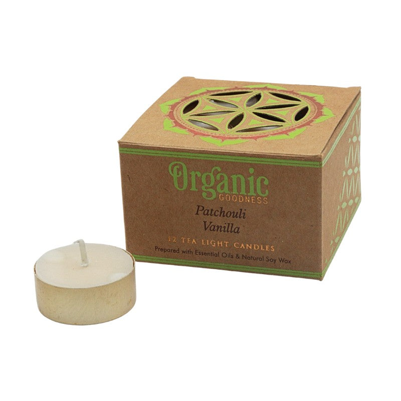 Tea light candle with 'Organic Goodness' packaging on a white background