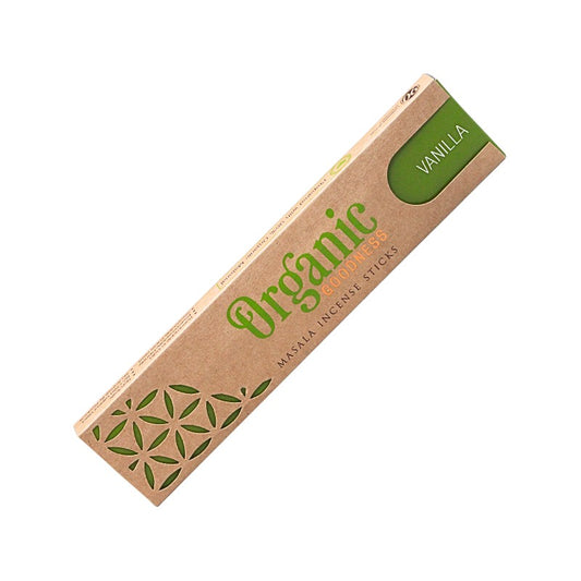 A box of Organic Masala Intense Sticks vanilla flavor incense sticks, shown diagonally on a plain white background.