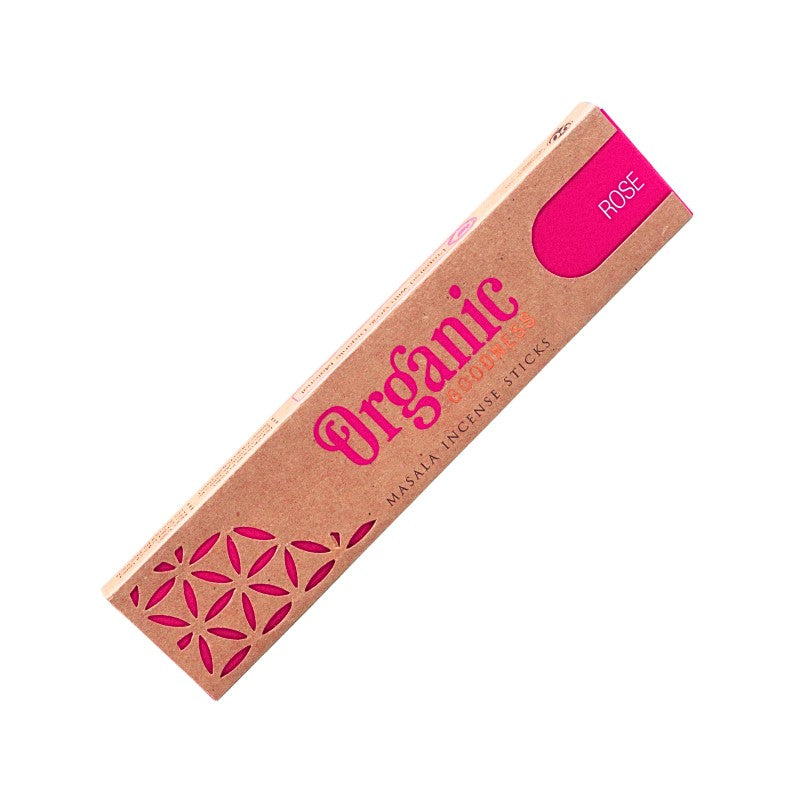 A single pack of Organic Masala Incense Sticks in the 'Rose' scent, shown diagonally on a plain white background. The packaging is made of natural brown kraft paper with hot pink text and floral patterns.