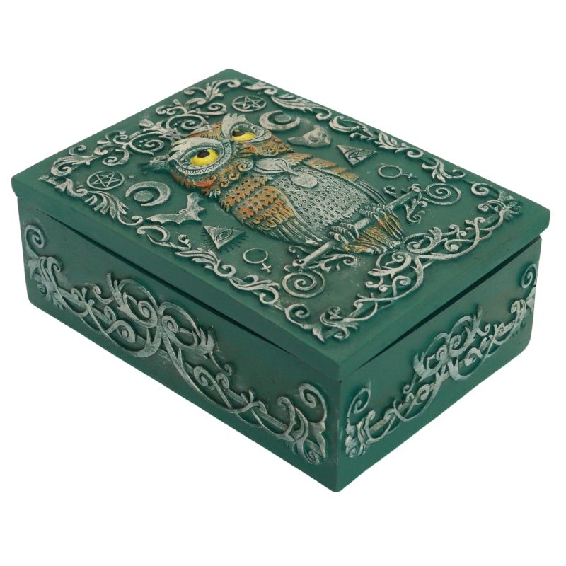 turquoise tarot and jewellery box with an owl and sacred symbols on the lid.
