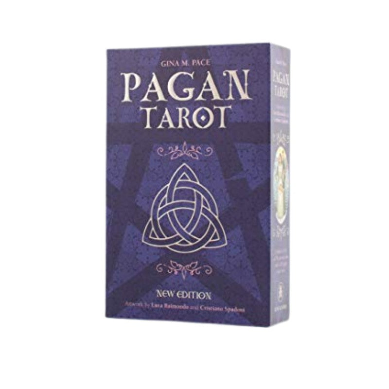 Pagan Tarot card set packaging with purple design and white text on a white background