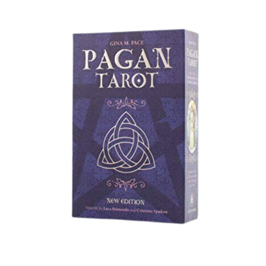 Pagan Tarot card set packaging with purple design and white text on a white background