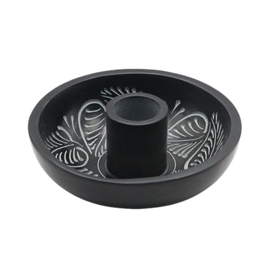 Black decorative candle holder/ palo santo holder  with intricate patterns on a white background