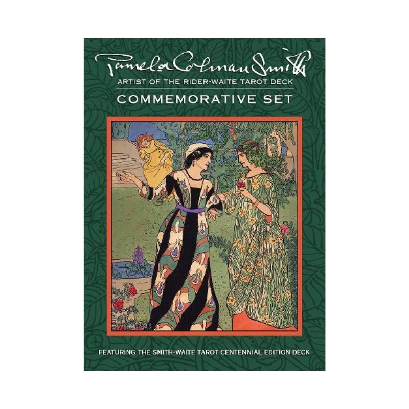 Pamela Colman Smith Commemorative Tarot Set box with a dark green border and an illustration of two women in a garden.

