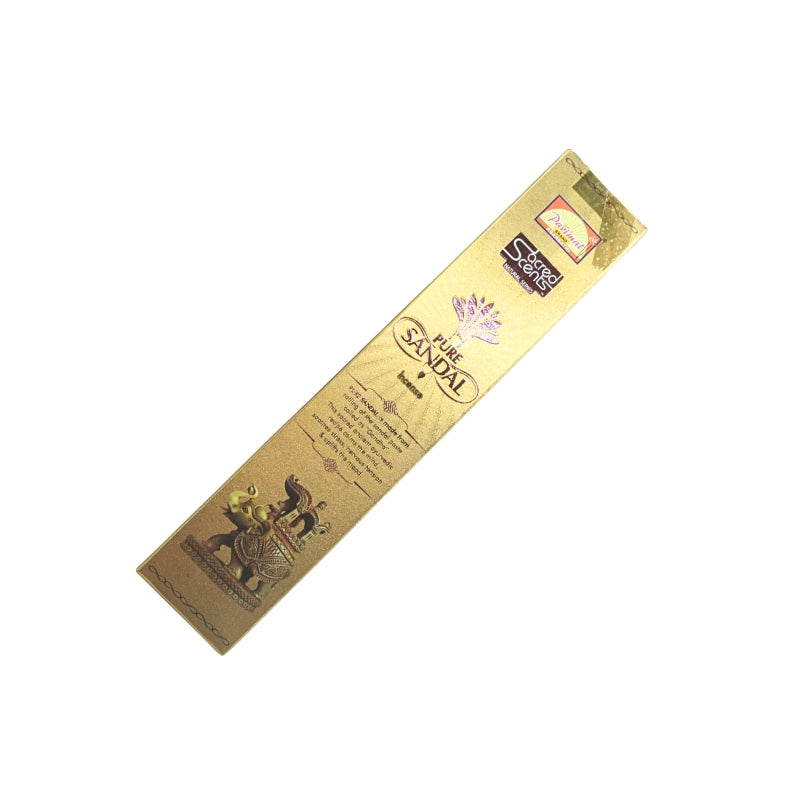 Gold Parimal Sacred Scents Pure Sandal 15g incense box displayed diagonally, with decorative elephant artwork.
