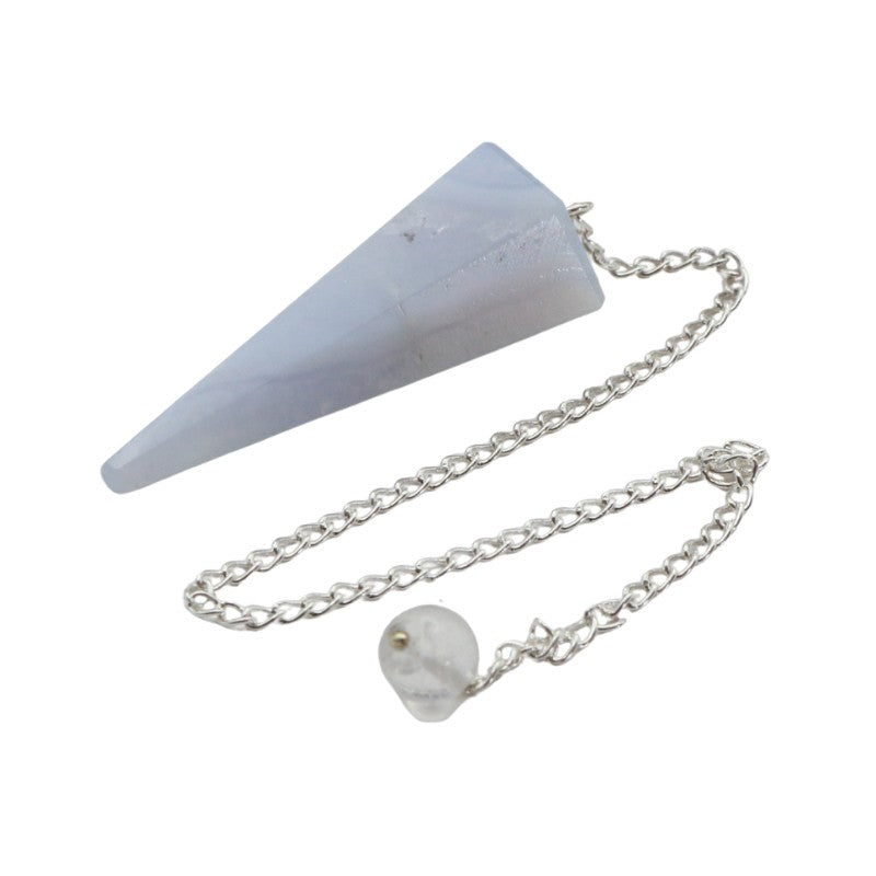 blue stone cone with a silver chain on a white background