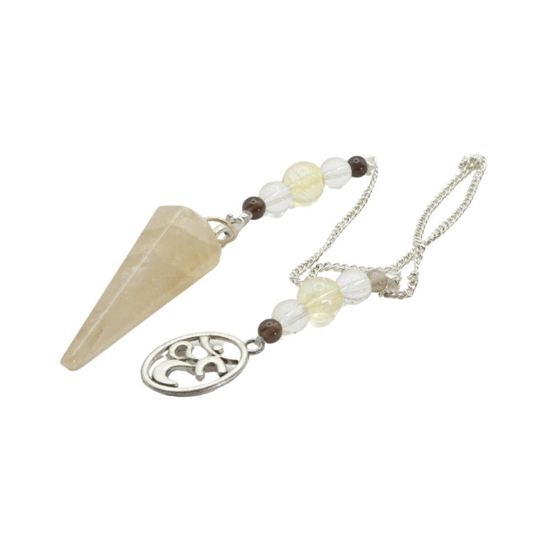pendulum with a conical pendant, beads, and a silver charm on a white background