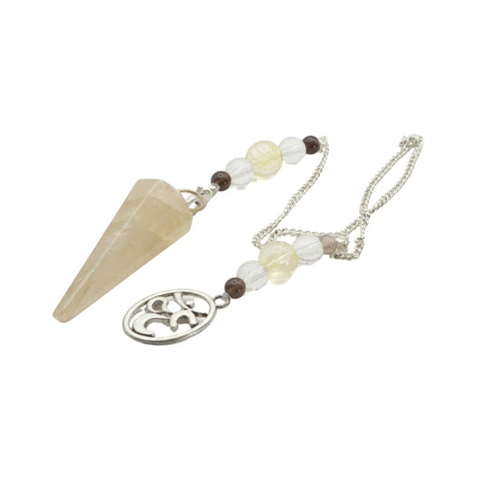 pendulum with a conical pendant, beads, and a silver charm on a white background
