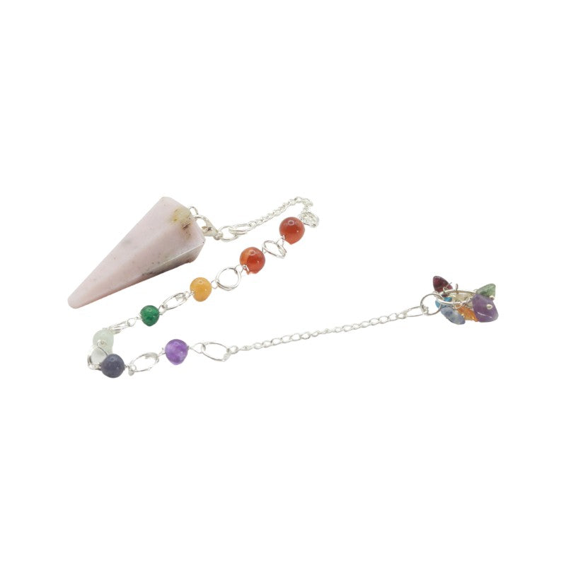 Necklace with colorful beads and a cone-shaped object on a white background