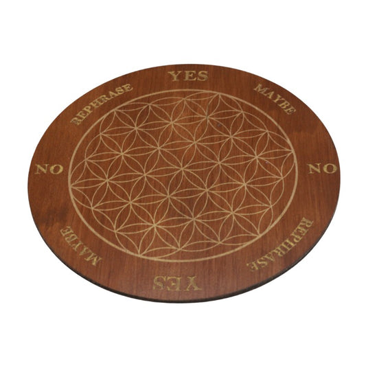Wooden circular board with geometric design and text on a white background