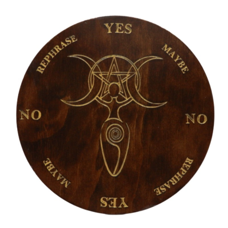 round wooden board with a Triple Moon Goddess painted in gold in the centre with yes, no answers painted around the edges