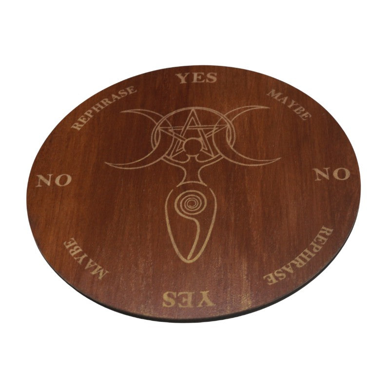 Wooden circular object with engraved symbols and text on a white background