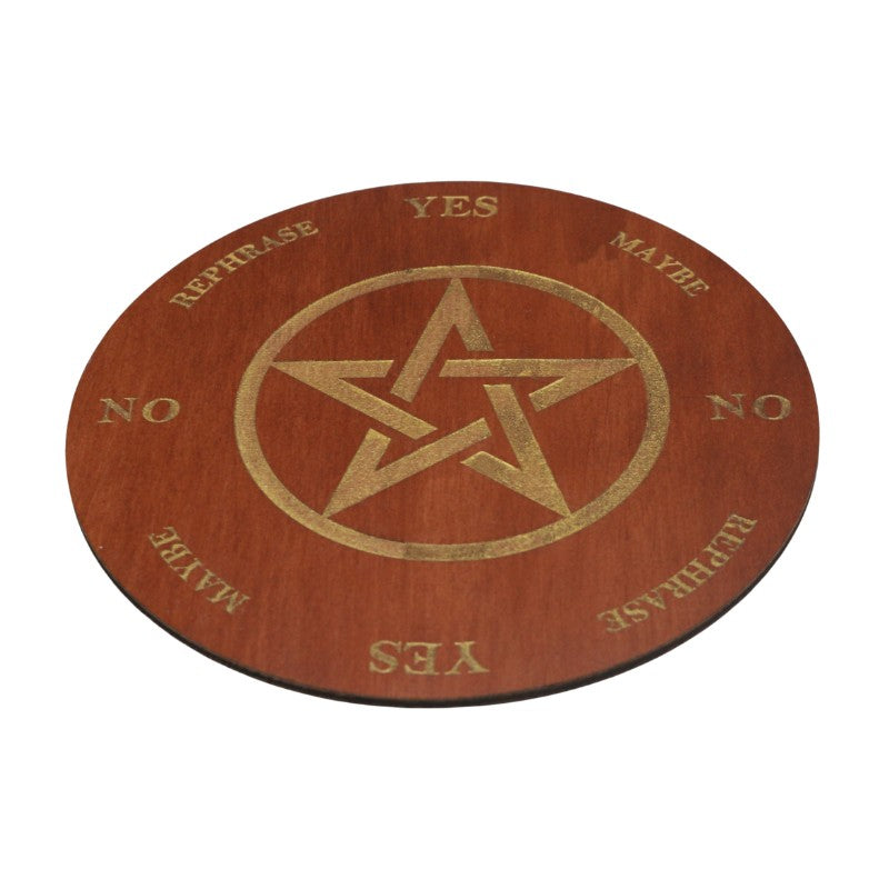 Wooden disc with a pentagram symbol and text on a white background