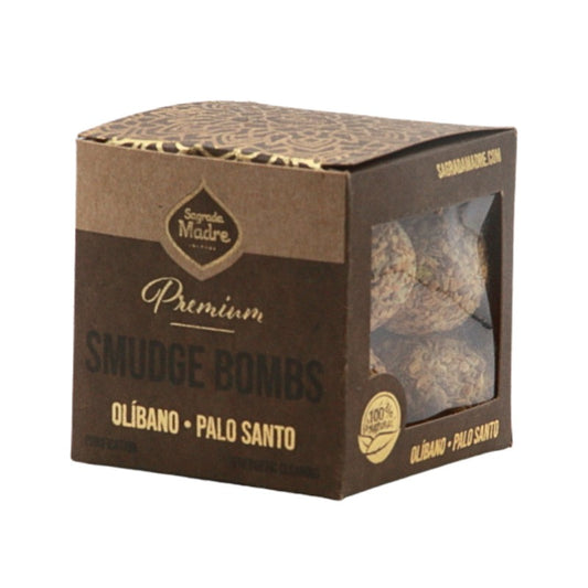 Box of Premium Smudge Bombs with visible contents on a white background