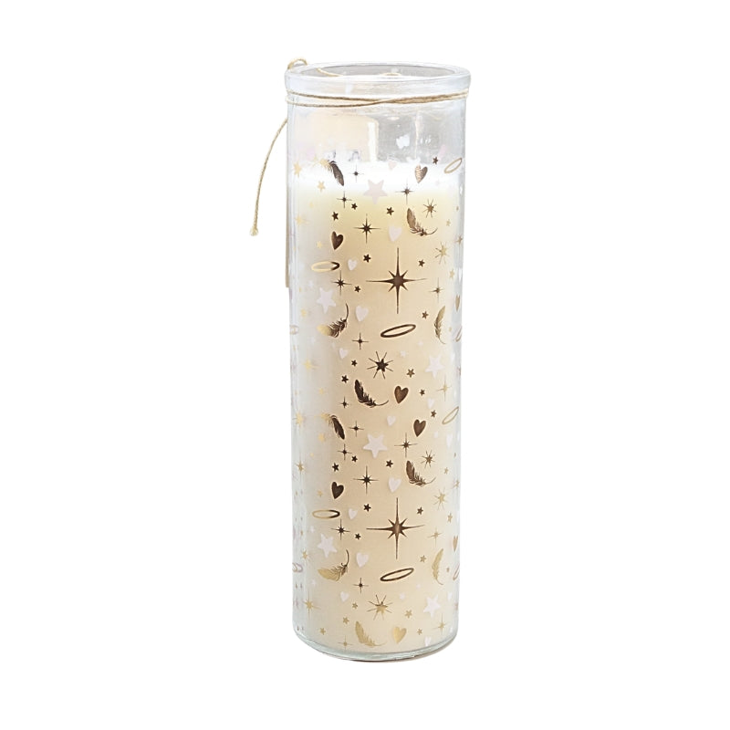 A tall glass jar candle filled with cream-colored wax and decorated with a celestial pattern of gold and brown stars, moons, and hearts, complete with a small hanging string.