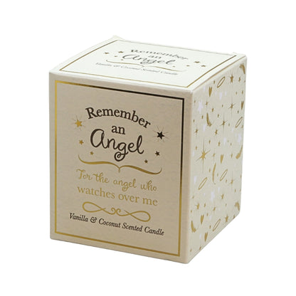 A square cream-colored candle box with gold and brown printed text reading 'Remember an Angel' and 'For the angel who watches over me,' plus 'Vanilla & Coconut Scented Candle' at the bottom. The box is shown on a plain white background.
