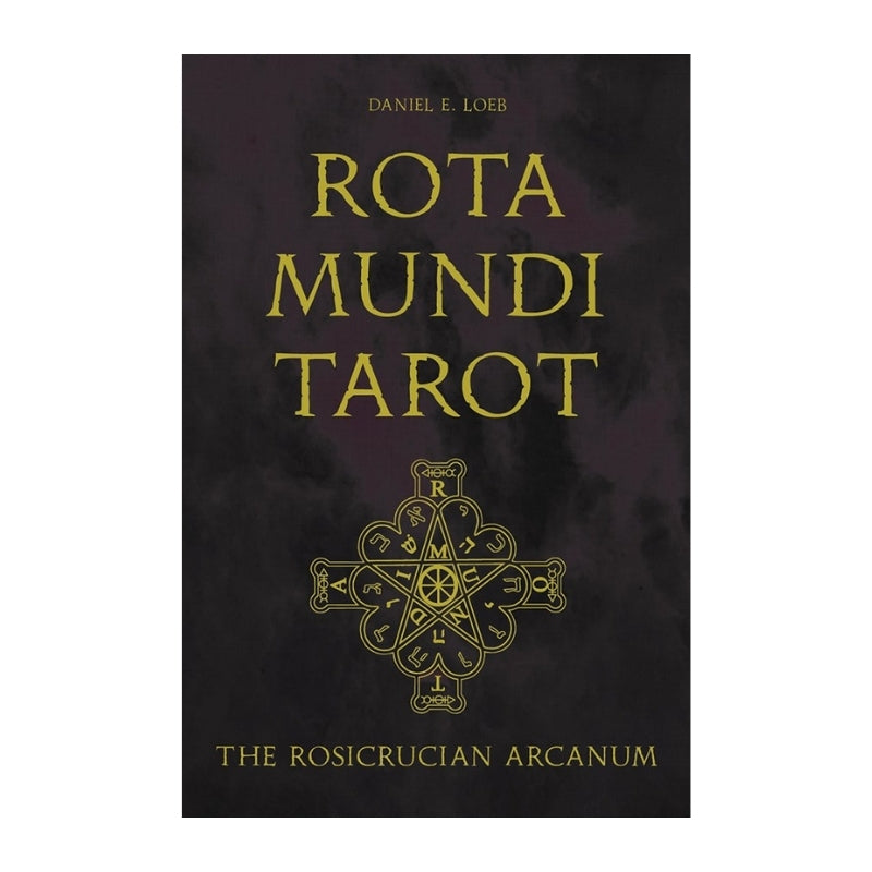 Deck cover for 'Rota Mundi Tarot' by Daniel E. Loeb, featuring gold lettering and a gold Rosicrucian symbol on a dark textured background.