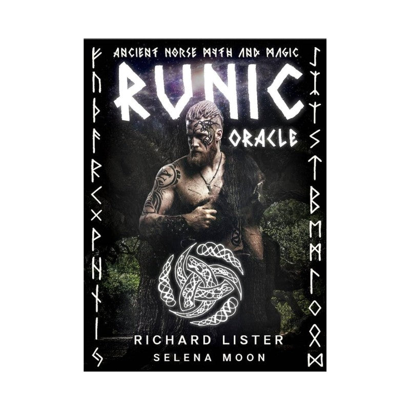 oracle card cover of 'Runic Oracle' featuring a man with tattoos and runes.