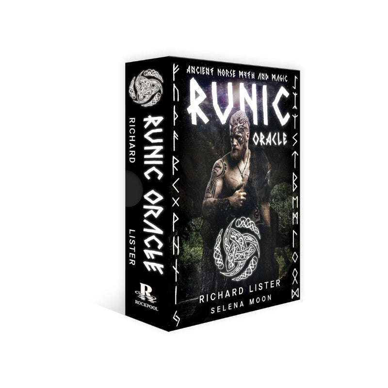 Runic Oracle card deck packaging with a dark background and text.