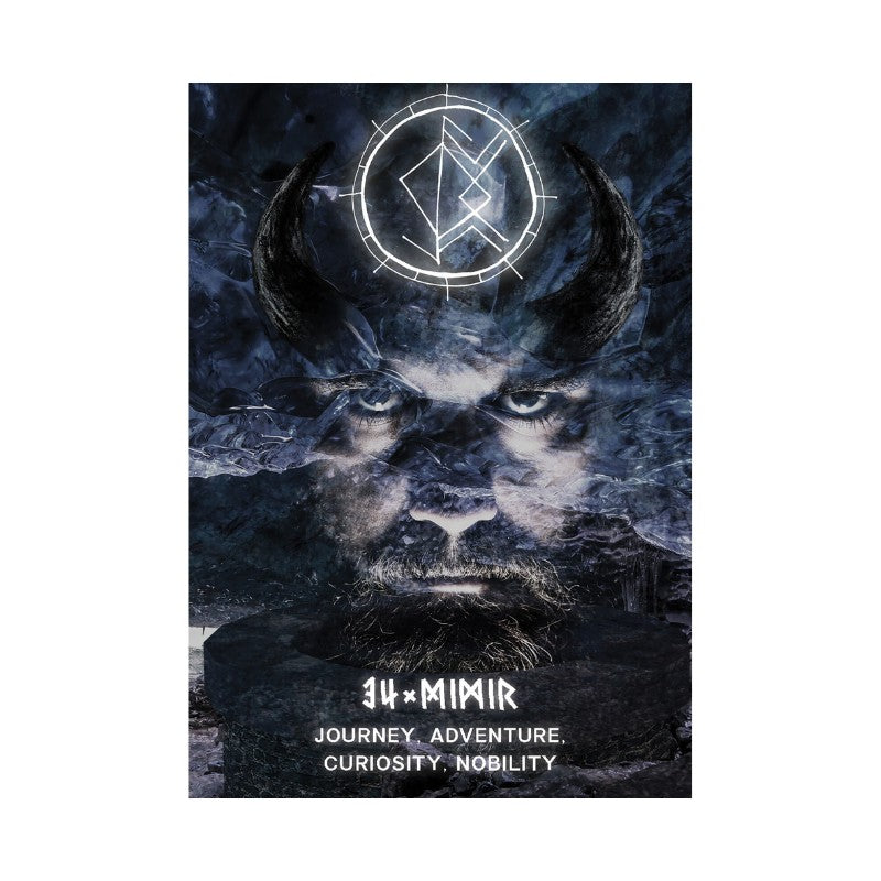 oracle card with a man's face and a symbol, featuring the text '34 Mimir' and 'Journey Adventure Curiosity Nobility'.
